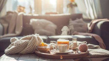 Still life details in home interior of living room. Sweaters and cup of tea with steam on a serving tray on a coffee table. Breakfast over sofa in morning sunlight. Cozy autumn or winter concept.の素材