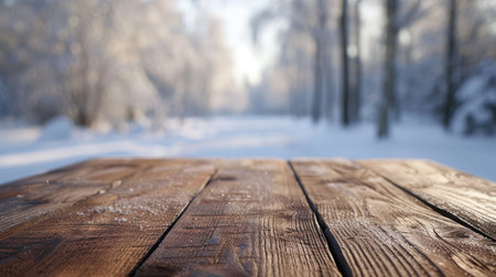 The empty wooden table top with blur background of winter in Finland. Exuberant image.の素材