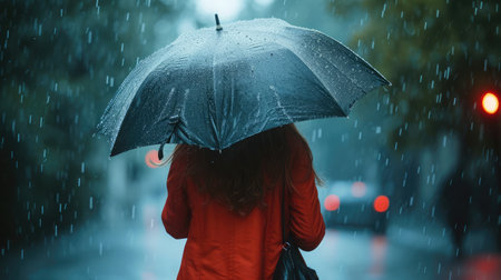 Woman holding an umbrella while it rains.の素材