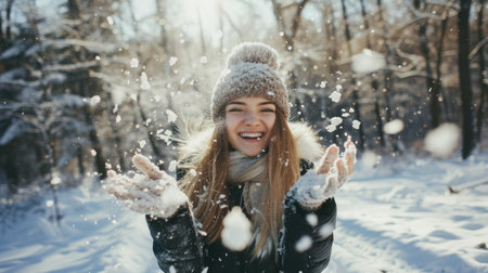 young woman throws out snow. Portrait of a happy woman playing with snow on a sunny winter day. A walk through the winter forest. Concept of fun, relaxation.の素材
