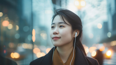 Asian business woman looking sideways while waiting for a cab in the morning. Happy young woman listening to music with earphones in the city. This photo has intentional use of 35mm film grain.の素材