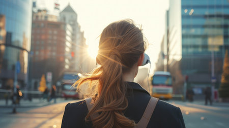 Business woman listening to music with earphones while commuting in the morning. Rear view of young woman standing in the cityの素材