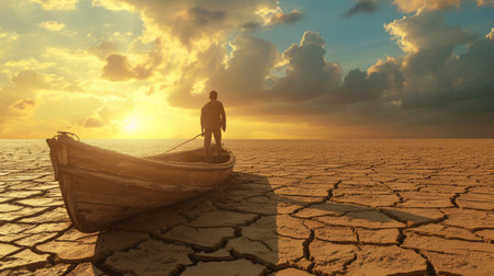 Climate change, The man on wood boat at large drought landの素材