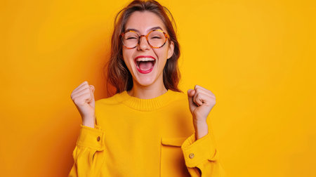 ecstatic lady shout loud yeah fist up raise win lottery isolated bright shine color backgroundの素材