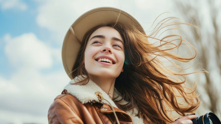 Happy young model makes photo holding camera in hand close-up. Her hair is flying in wind, she is wearing hat --ar 16:9 --v 6 Job ID: 7183b67f-d3b9-446c-8f84-d1893da6fb68の素材