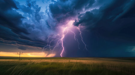 Lightning strike on the horizon during an electrical storm on the prairiesの素材