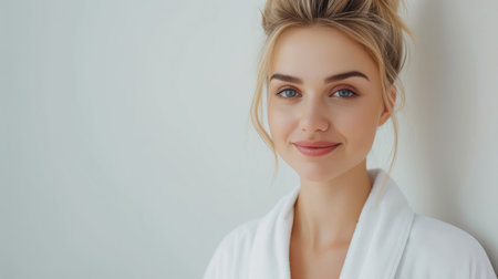 Happy attractive blonde woman in white silky bathrobe posing at white bathroom, smiling at camera, closeup portrait, panorama with copy space. Face and skin care at home conceptの素材