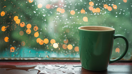 Green mug of hot drink, when behind a window is rain / cozy home atmosphereの素材