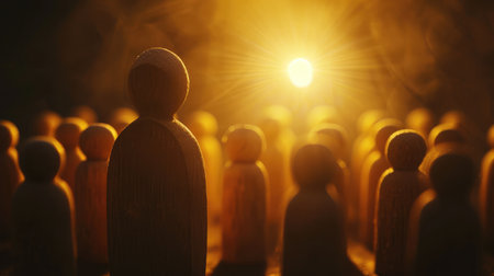 Success in Business or Talent Concept. Stand Out from the Crowd. Different and Individual Unique Person. Spotlight Shining to the Golden. presenting by wooden peg dolls --ar 16:9 --v 6 Job ID: db12d948-cb97-438b-8506-630ffc2fc63eの素材