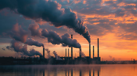 smoke stacks emmitting carbon pollution into the sky causing climate changeの素材