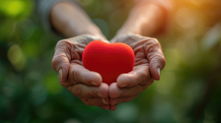 Elderly senior person or grandparent's hands with red heart in support of nursing family caregiver for national hospice palliative care and family caregivers month conceptの素材