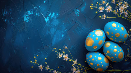 Beautiful painted blue easter eggs with golden decorations on dark blue table top view, greeting card, banner format.の素材