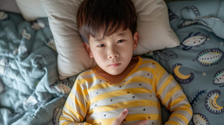 Top View of Asian boy lying in bed with stomach ache. Sick little child in bedroom at home. Diarrhea and illness in childrenの素材