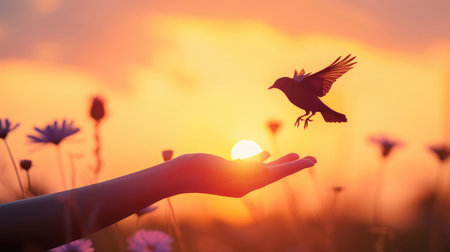 silhouette of bird flying out of Girl child hand on beautiful background freedom concept International Working Women39s Day --ar 16:9 --v 6 Job ID: d172c4b1-3e9e-4e11-ad89-ad822e973b55の素材
