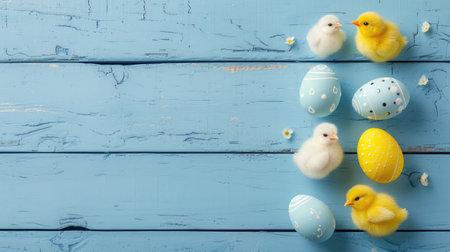 Banner. Blue, yellow, white eggs and yellow chicks on a blue wooden background. The minimal concept. An Easter card with a copy of the place for the text. --ar 16:9 --v 6 Job ID: f1087df6-8a3a-4996-8b6d-39b0beb17c0cの素材