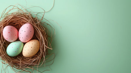 Happy Easter holiday celebration banner greeting card with pastel painted eggs in bird nest on Green backround tabel texture --ar 16:9 --v 6 Job ID: a92b76df-d6f0-4398-8439-139226a6f1dbの素材