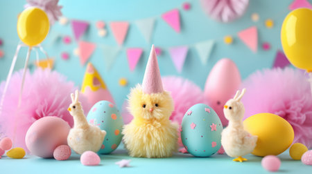 Easter holiday concept with cute handmade eggs, bunny, chicks and party hats --ar 16:9 --v 6 Job ID: 0c77c813-d1e0-4be1-ac7c-ff33be6936d9の素材