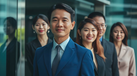 portrait of a group of asian business person standing together in an office entranceの素材