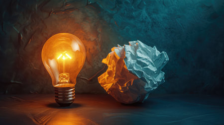 Idea and creativity concepts with paper crumpled ball and lamp.Think out of box.Business solution. --ar 16:9 --v 6 Job ID: 41782acf-55ae-475b-b12a-77f6dc099566の素材
