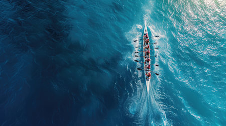 Aerial drone top ultra wide panoramic view of sport canoe rowing synchronous team of athletes competing in deep blue seaの素材