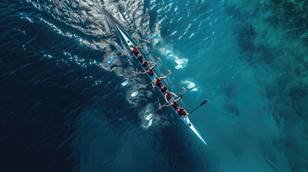 Aerial drone top ultra wide panoramic view of sport canoe rowing synchronous team of athletes competing in deep blue seaの素材