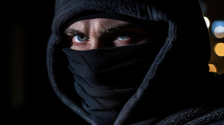 Criminal wearing black balaclava and hoodie in the darkの素材