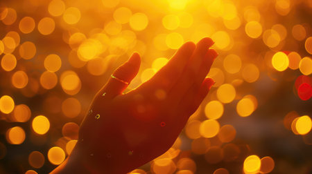Hand praying on orange light bokeh background.の素材
