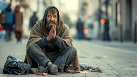 Homeless people poverty beggar man holding hands asking for money job and hoping help in helpless dirty city sitting on streets. Desperate Beggar in city concept. --ar 16:9 --v 6 Job ID: c14d8205-167e-407e-a737-2b24ecc487bcの素材