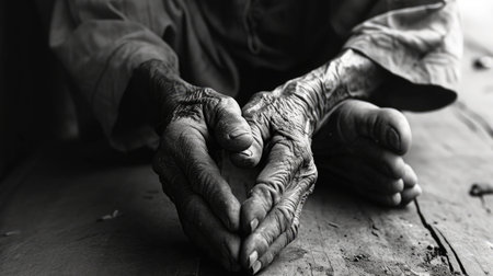 hands poor old man or beggar begging you for help sitting at dirty slum. concept for poverty or hunger people,human Rights,donate and charity,background text.black and white tone --ar 16:9 --v 6 Job ID: 158fb88f-e64f-4033-868c-5faefa60eef5の素材