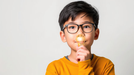 Cute Asian boy having a good idea isolated over a white backgroundの素材