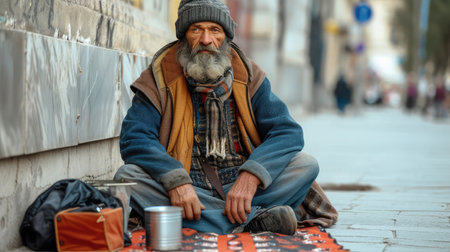 beggar sits on the street and asks for money --ar 16:9 --v 6 Job ID: 2d2c9dac-f381-466a-8a6a-68f2860f8052の素材