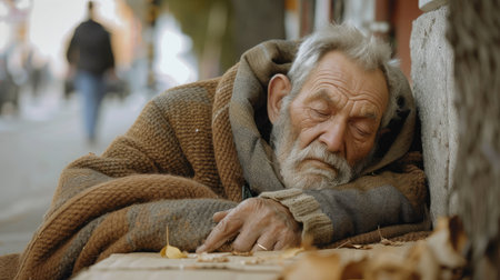 Old homeless man wearing sweater and blanket sleeping on cardboard seeking help because hungry and food beggar from people walking pass on street. Poor man homeless and depression concept.の素材