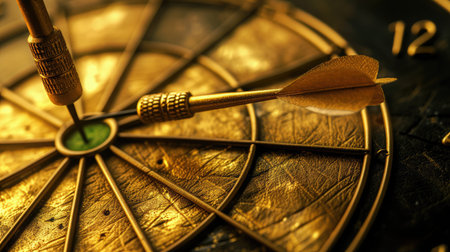 gold dart hit to center of golden dartboard. Arrow on bullseye in target. Business success, investment goal, opportunity challenge, aim strategy, achievement focus conceptの素材