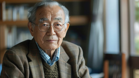 horizontal front view shot of senior japanese man having good ideaの素材