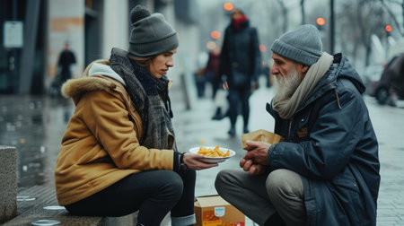 Unrecognizable woman giving food to homeless beggar man sitting in city. --ar 16:9 --v 6 Job ID: 0637550b-ae59-4fd8-8572-405ecbfd90e5の素材