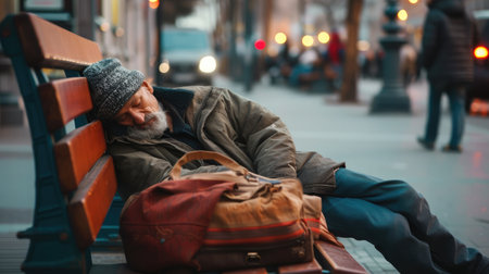 Homeless beggar man with a bag lying on bench outdoors in city, sleeping.の素材