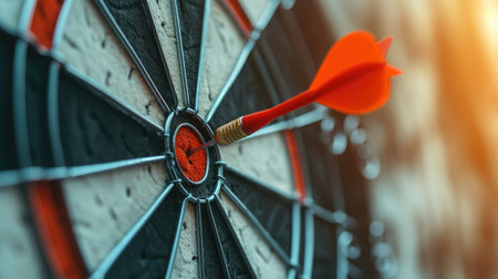 Red dart hit to center of dartboard. Arrow on bullseye in target. Business success, investment goal, opportunity challenge, aim strategy, achievement focus conceptの素材