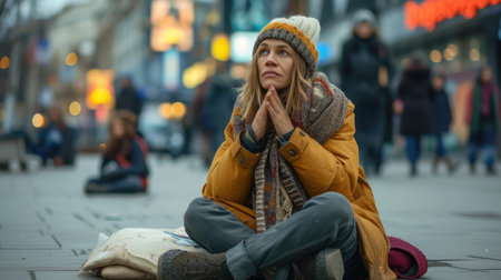 Hungry homeless beggar woman beg for money on the urban street in the city from people walkingの素材