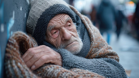 Old homeless man wearing sweater and blanket sleeping on cardboard seeking help because hungry and food beggar from people walking pass on street. Poor man homeless and depression concept.の素材