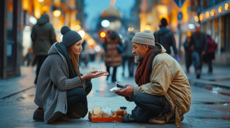 Unrecognizable woman giving food to homeless beggar man sitting in city.の素材
