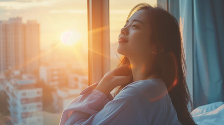 Beautiful asian woman is waking up in the morning, Sun shines on her from the big window. Happy young girl greets new day with warm sunlight flare and city scenery in the windowの素材