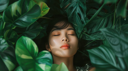 Asian woman relaxing surrounded by foliage plantsの素材