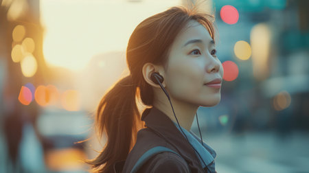 Asian business woman looking sideways while waiting for a cab in the morning. Happy young woman listening to music with earphones in the city. This photo has intentional use of 35mm film grainの素材