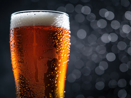 Beer. Cold Craft light Beer in a glass with water drops. Pint of Beer close up isolated on black color backgroundの素材