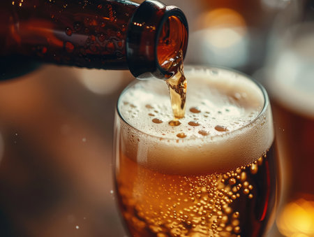 Beer is poured from dark brown bottle into beer glass. Close-up light fresh beer poured into glass steamed up from cold