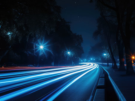 blue car lights at night. long exposureの素材