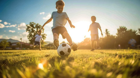 boy kicks a football during a game with his familyの素材