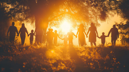 community large family in the park. a large group of people holding hands walking silhouette on nature sunset in the park. big family kid dream concept. people in the park. large sunlight familyの素材
