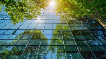 Eco-friendly building in the modern city. Green tree branches with leaves and sustainable glass building for reducing heat and carbon dioxide. Office building with green environment. Go green concept.の素材