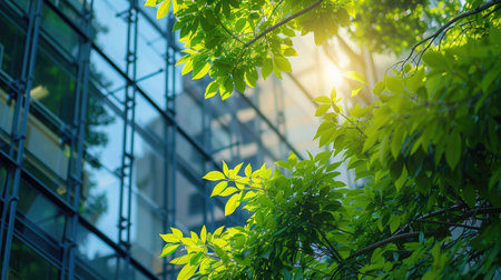 Eco-friendly building in the modern city. Green tree branches with leaves and sustainable glass building for reducing heat and carbon dioxide. Office building with green environment. Go green concept. --ar 16:9 --v 6 Job ID: 4dba9b9e-e159-4e1f-b4a8-9fecd4705016の素材